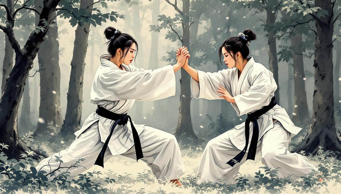 AI generated: two Japanese women karate fighting in a forest, in the style of traditional Japanese ink painting, t...