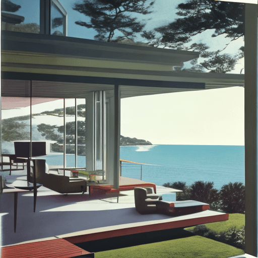 AI generated: Hyper realistic eye level exterior photo of a mid century modern style house overlooking the ocean, ...