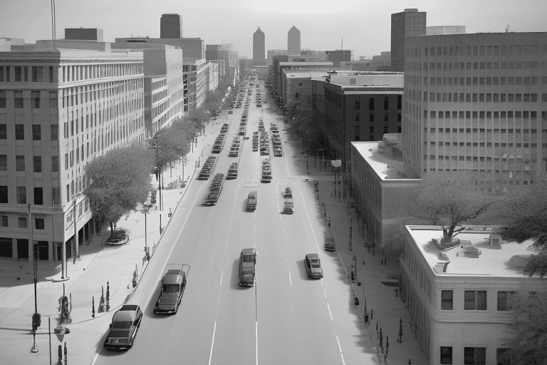 AI generated: View from the sixth floor of the Texas School Book Depository on November 22, 1963 overlooking Deale...