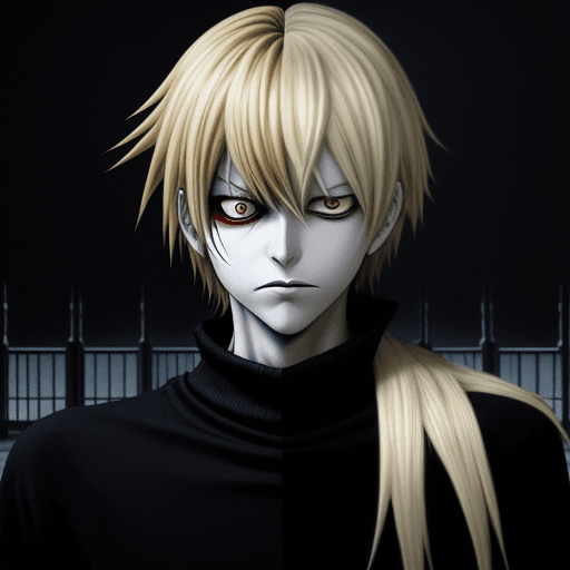 AI generated: Ryuk from death note with long bangs and shoulder-length blond hair stands in the foreground of the ...