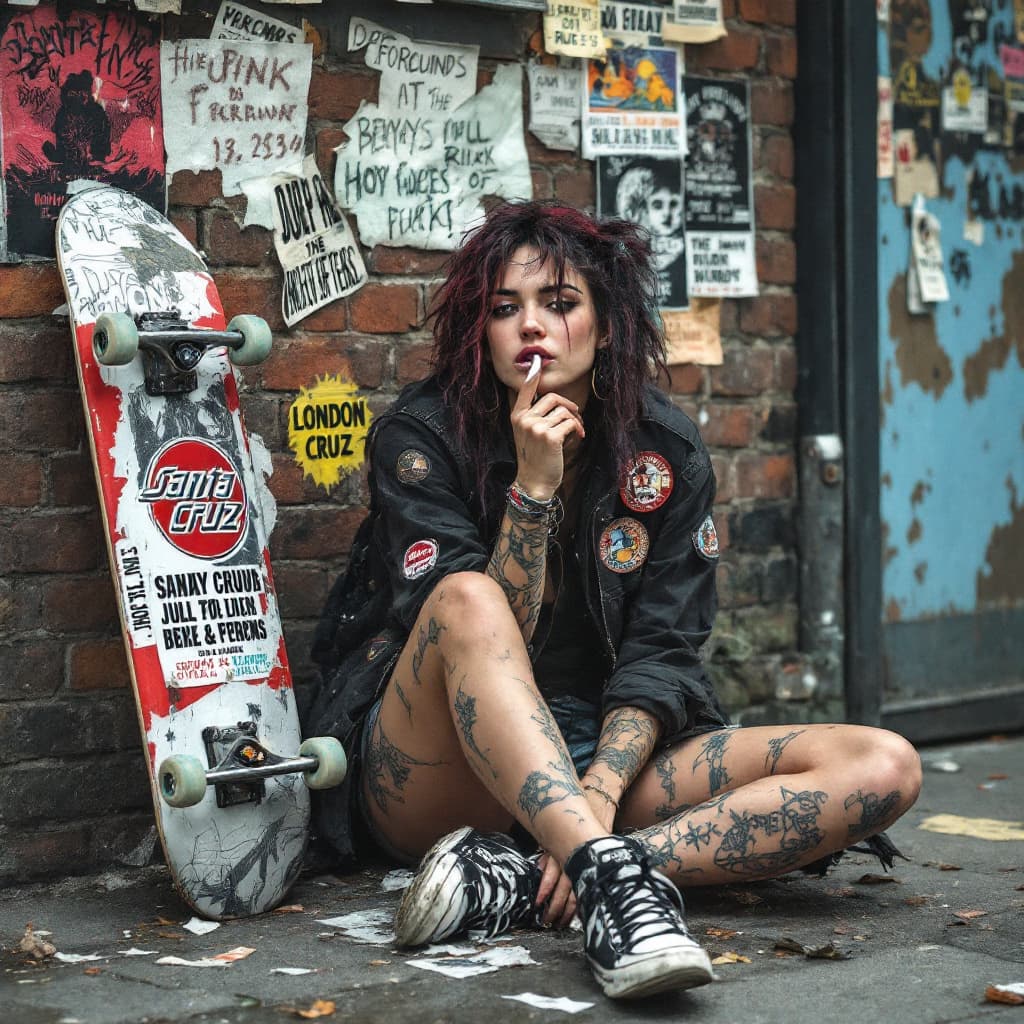 AI generated: london punk female , sitting on ground with back against wall, a santa cruz skateboard is beside her...