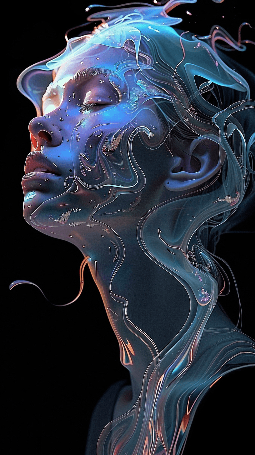 AI generated: https://s.mj.run/VnhTCG9d4Mc a black background with a woman with opalescent hair, in the style of t...