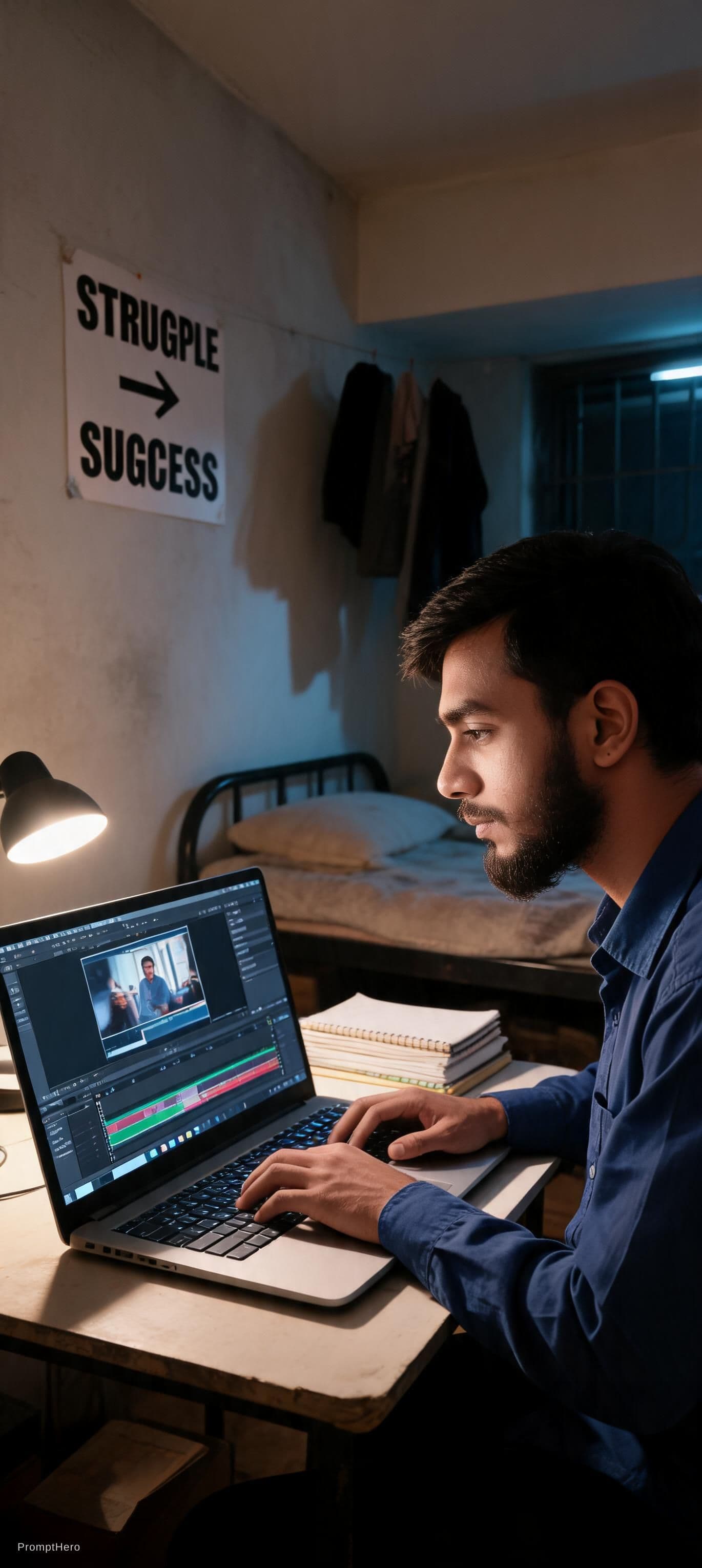 AI generated: “Pakistani young man working hard on laptop in small room, editing videos and learning skills, trans...