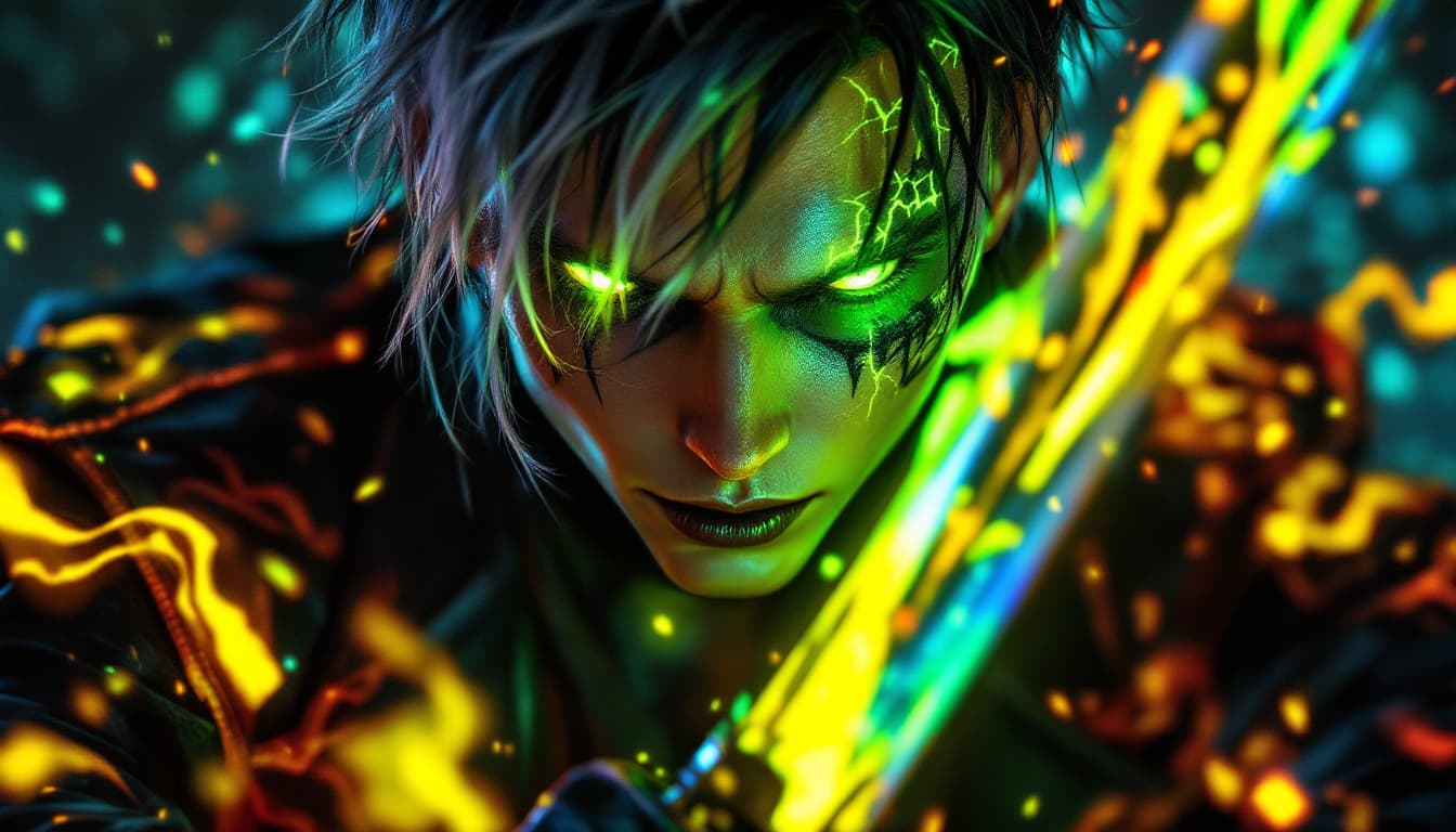 AI generated: Editorial Vivienne Tam photography of a gothic punk rebel lloyd garmadon with neon green and black a...