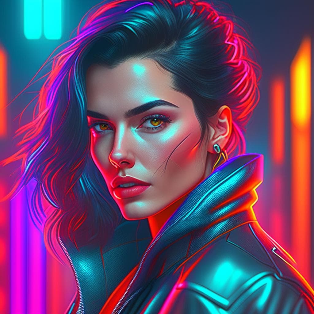 AI generated: A high quality portrait, realistic:1.2), retrowave cyberpunk female, (black hair:1.2), wearing (blue...