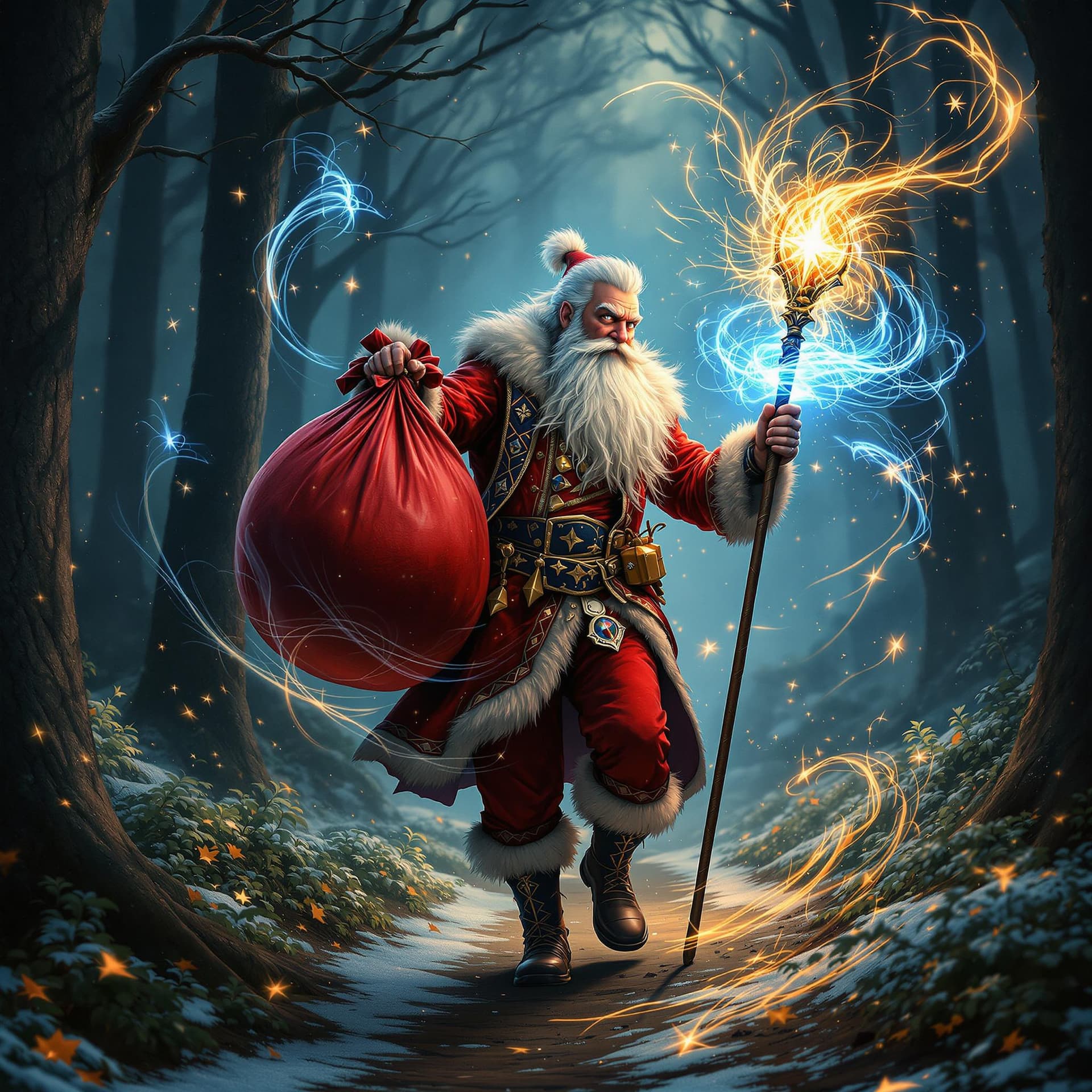 AI generated: movie poster, kind russian uncle frost wearing red rocker clothes is depicted in an action pose, goi...