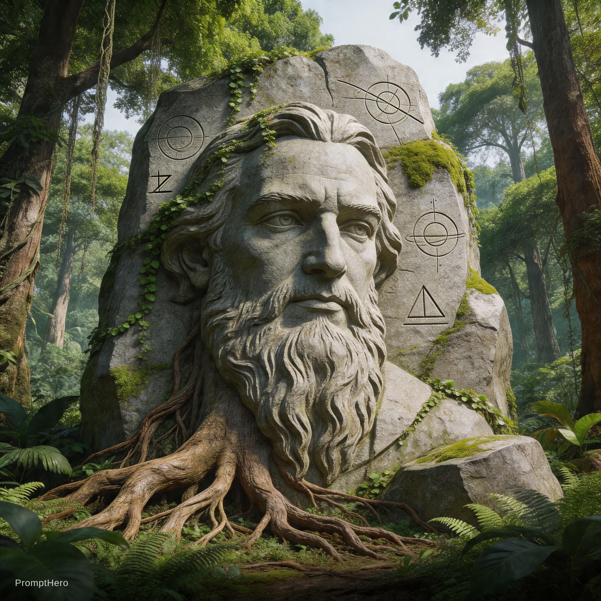 AI generated: A highly detailed, vertical cinematic image showing a massive monolithic stone carving of Isaac Newt...