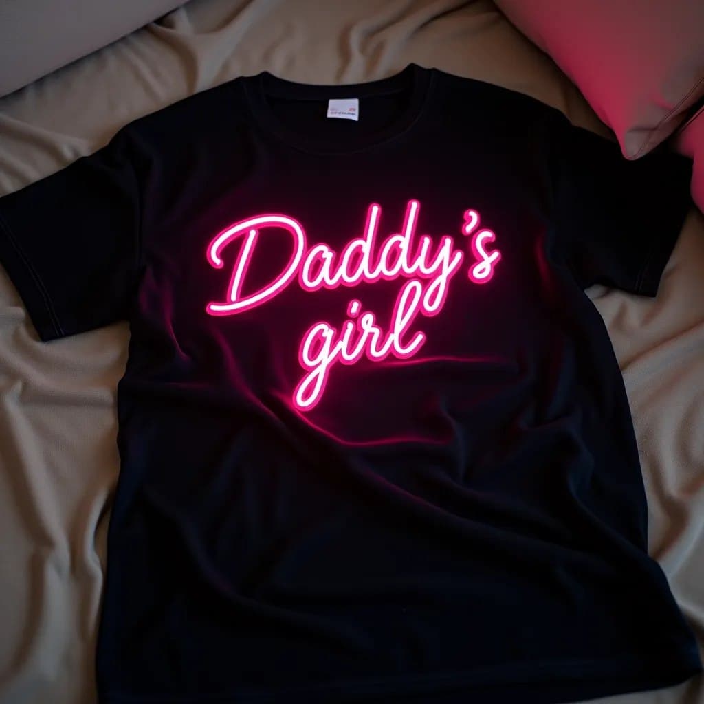 AI generated: Image of black T-Shirt and on T-Shirt wrote "Daddy's girl" in Neon light style and match on clothe. ...