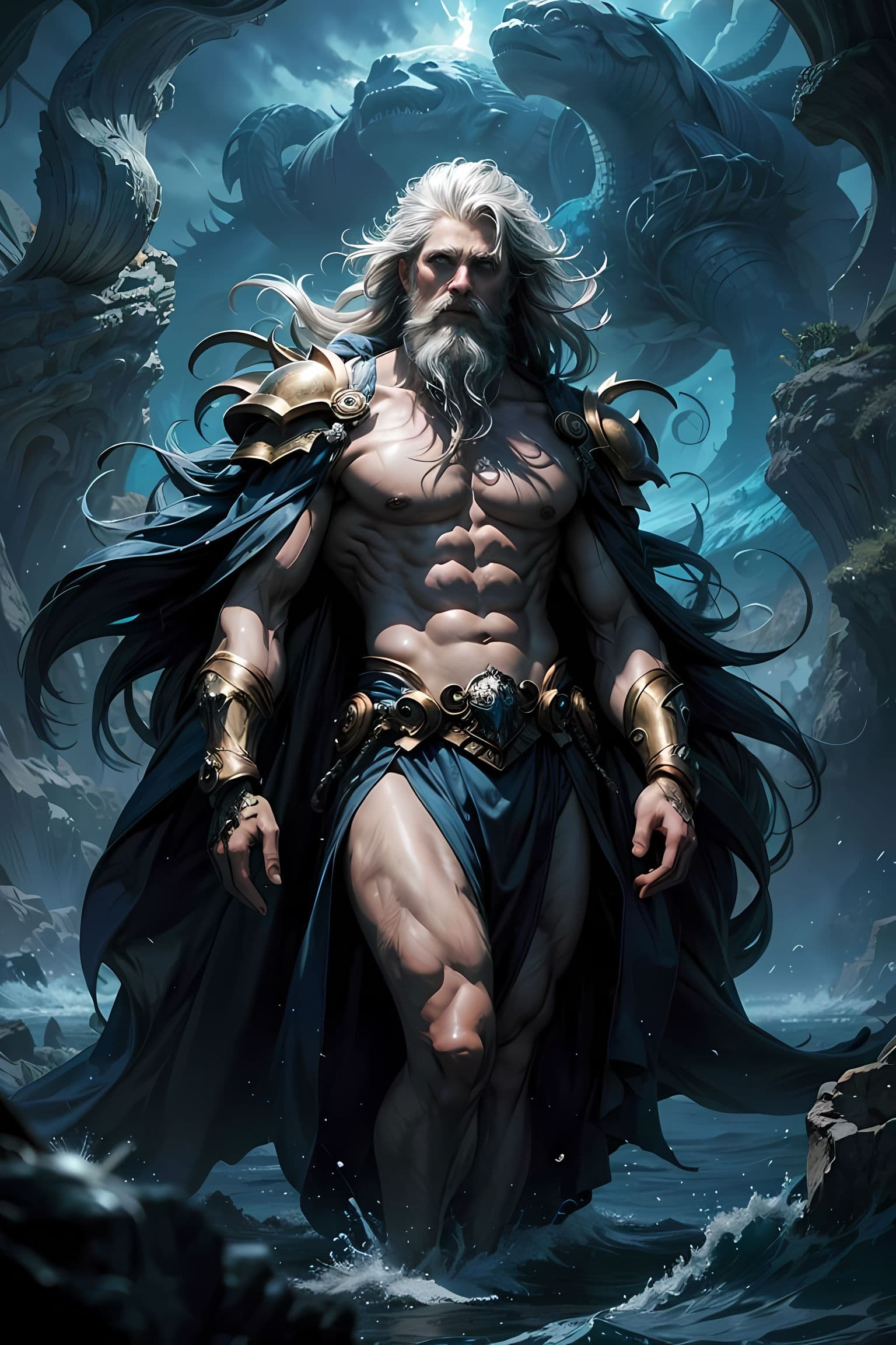 AI generated: God of the sea(greek roman mythology:Poseidon),churl(muscle body),In the endless blue sea,A proud an...