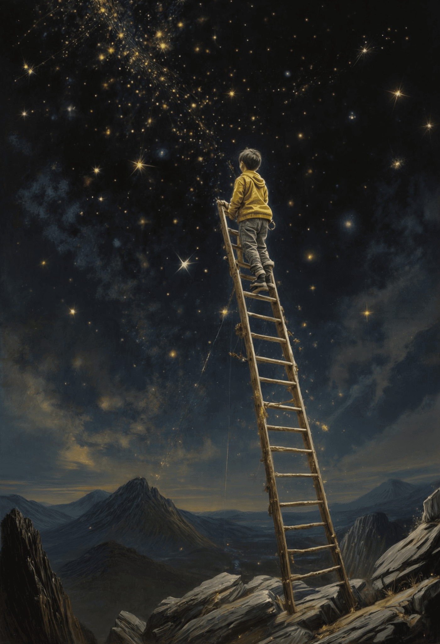AI generated: Acrylic painting of a young boy ascending a mountain enveloped in a galaxy of yellow stars, gripping...