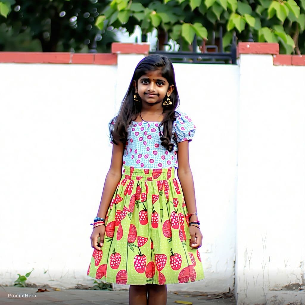 AI generated: an indian teen girl with 145 cm height in skirt half sleeved and in skirt