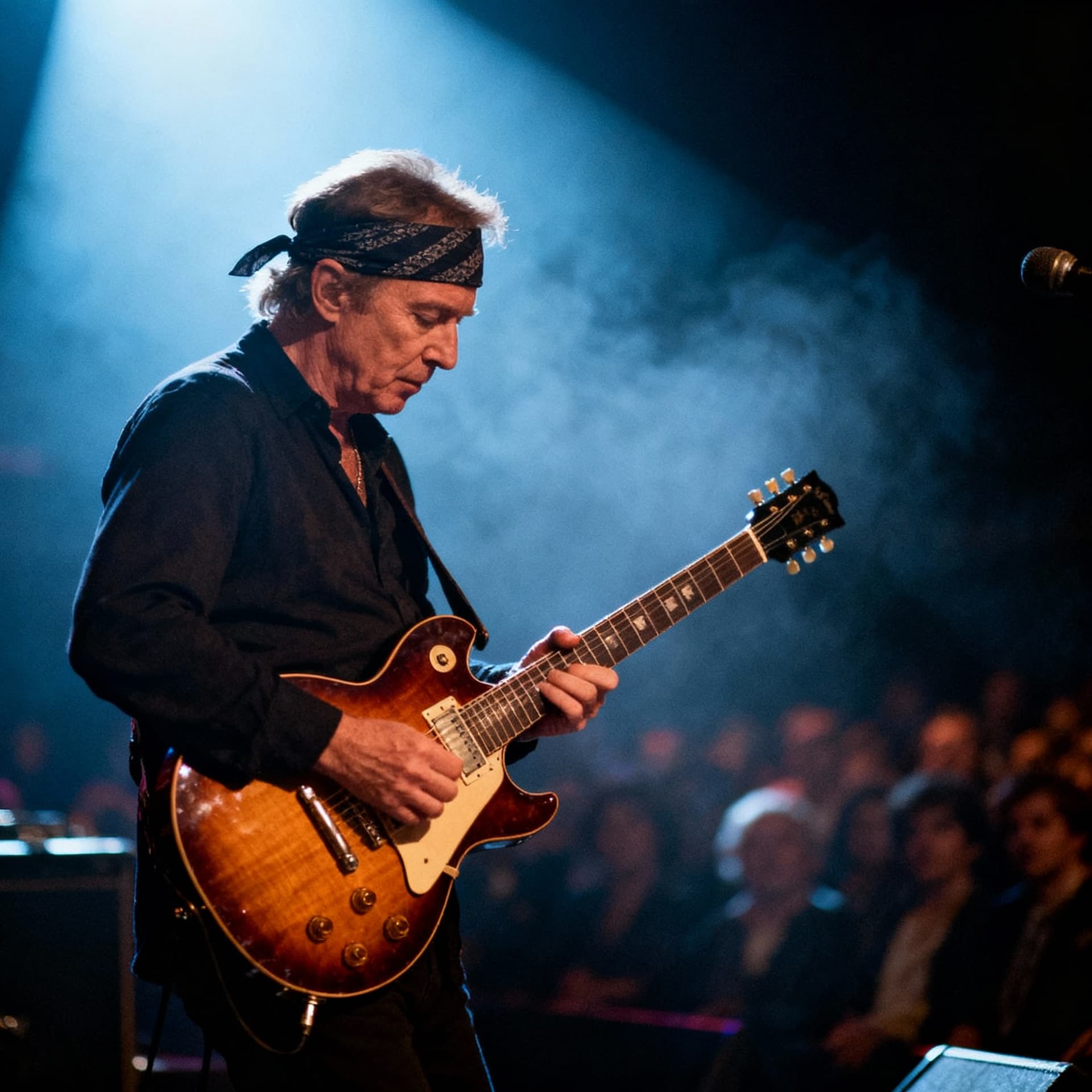 AI generated: Mark Knopfler performing live on stage in the 1980s, wearing a headband, playing electric guitar in ...