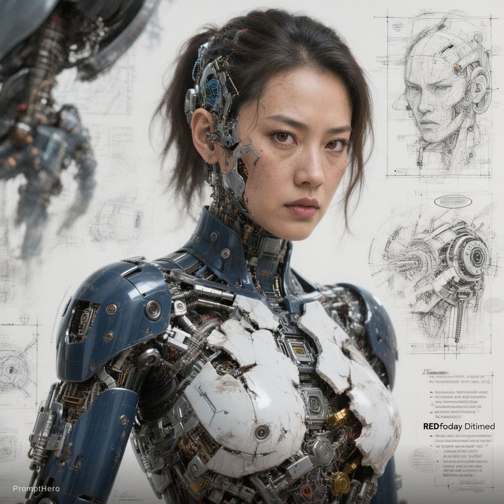AI generated: Ultra-detailed cinematic portrait of a Hong Kong female cyborg , navy and white metallic limbs parti...