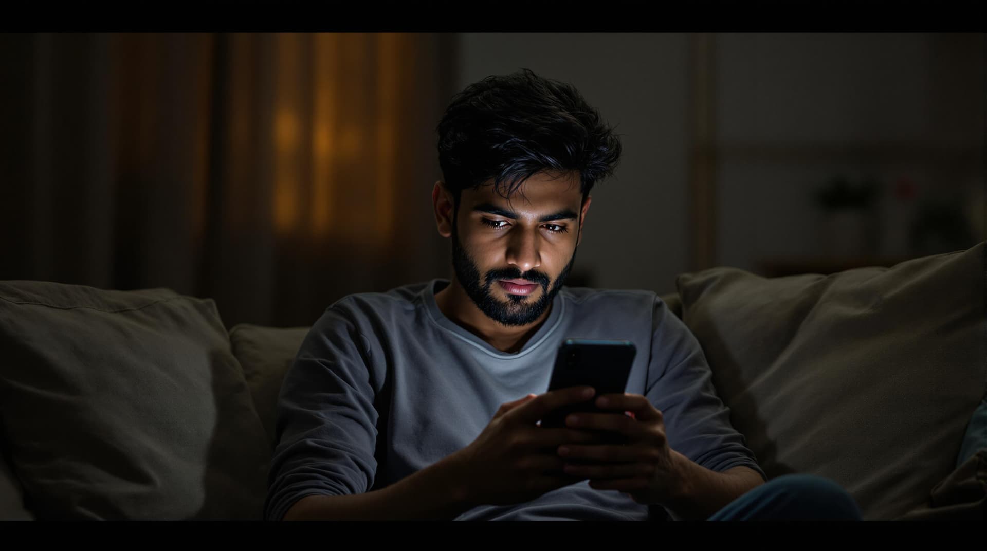 AI generated: (Cinematic UHD, young Indian man in a dimly lit apartment, sitting alone on a couch, holding a smart...