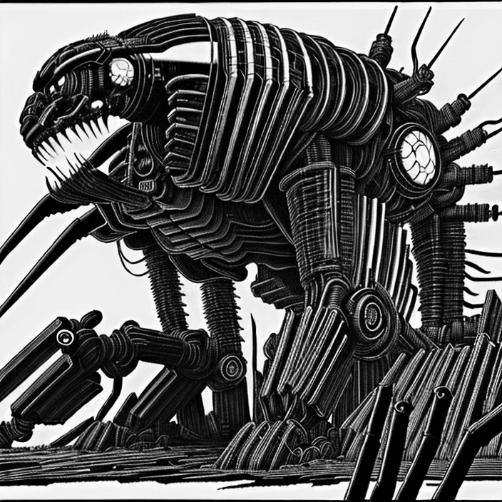 AI generated: old black and white manga style drawing of a sinister cybernetic industrial structure, inspired in t...