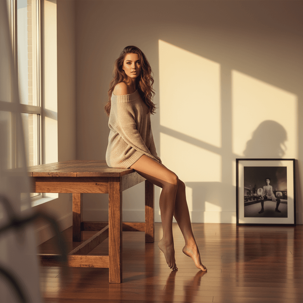 AI generated: A beautiful, captivating woman with long brown wavy hair sits barefoot on a rustic wooden table. She...