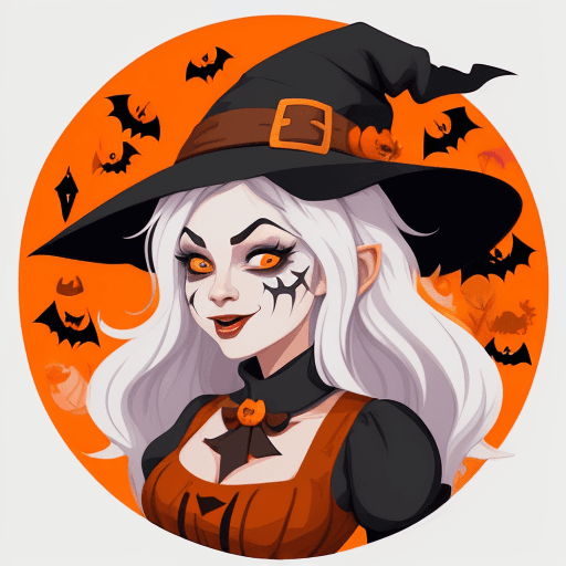 AI generated: autumn iconpack of a charming girl as Halloween witch, random face expressions, random coloring, car...