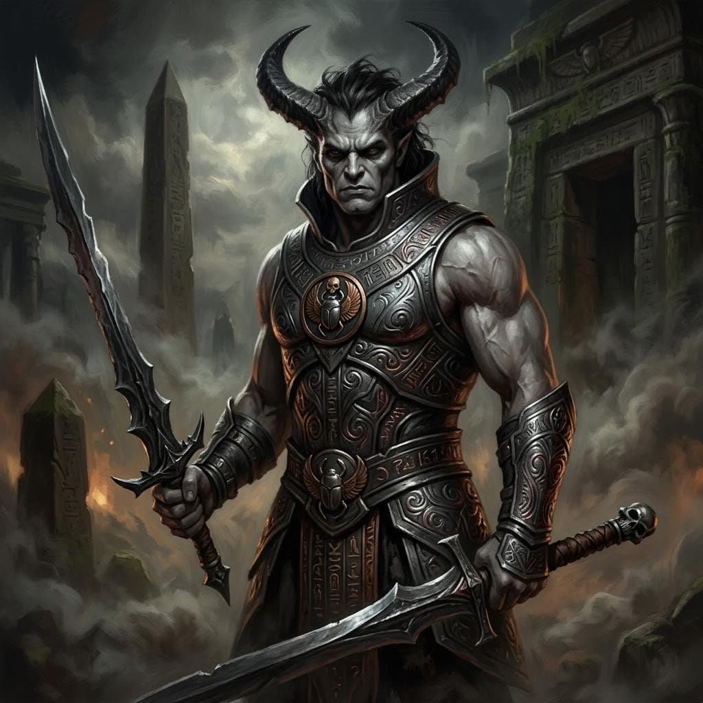 AI generated: a dark, ominous scene depicting a muscular, demon-like warrior with two prominent horns protruding f...