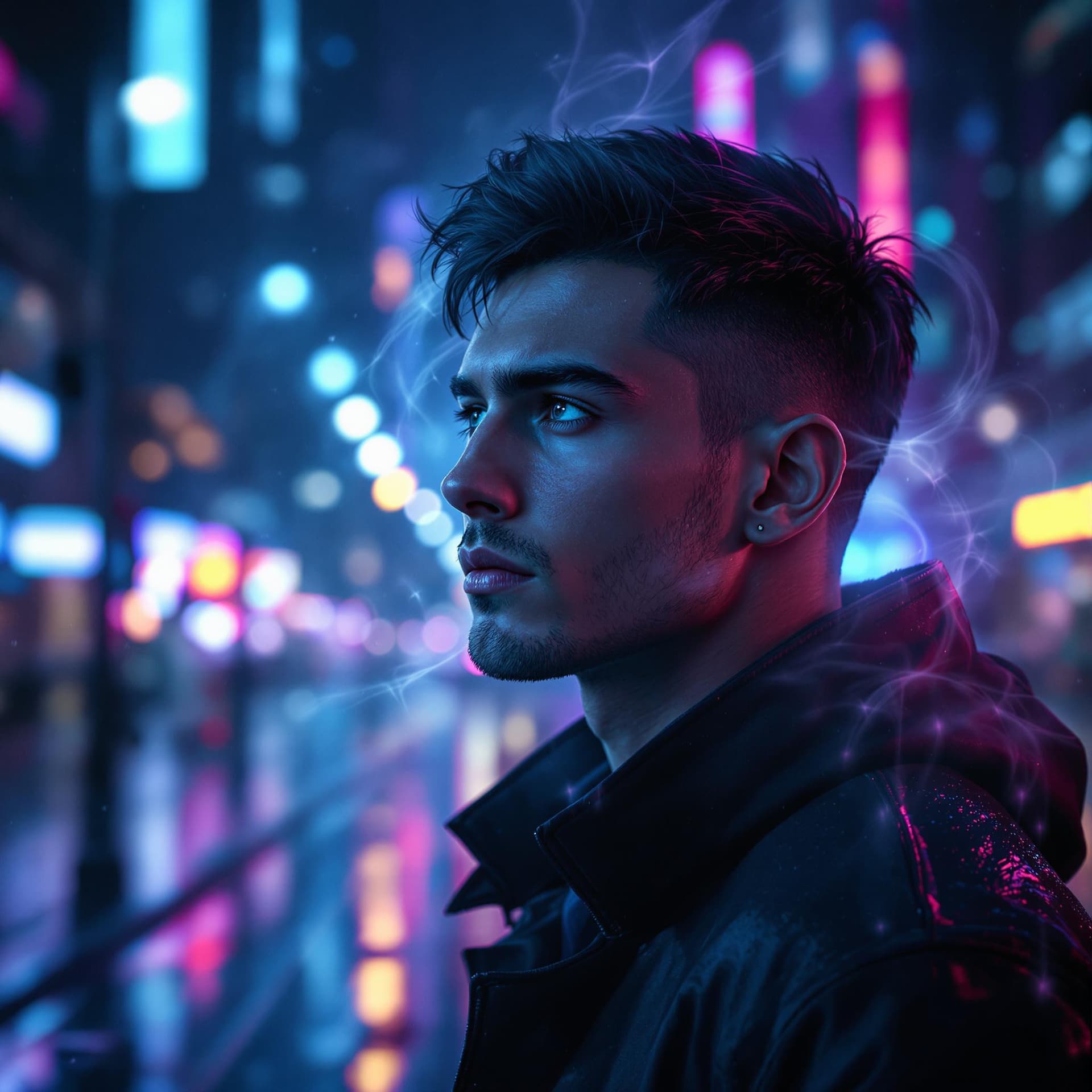 AI generated: A young man with sharp facial features, short dark hair, and deep, expressive eyes stands alone in a...