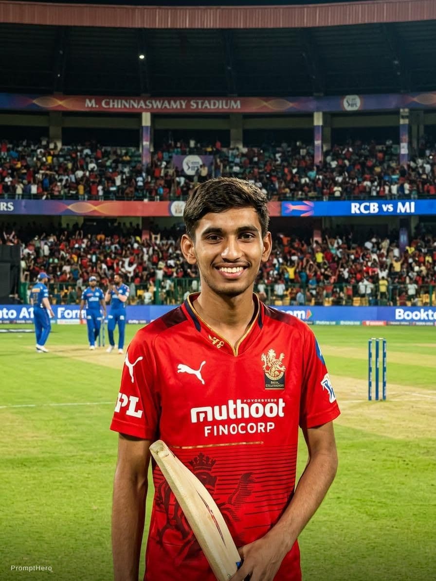 AI generated: Realistic HD cricket ground with RCB jersey .
