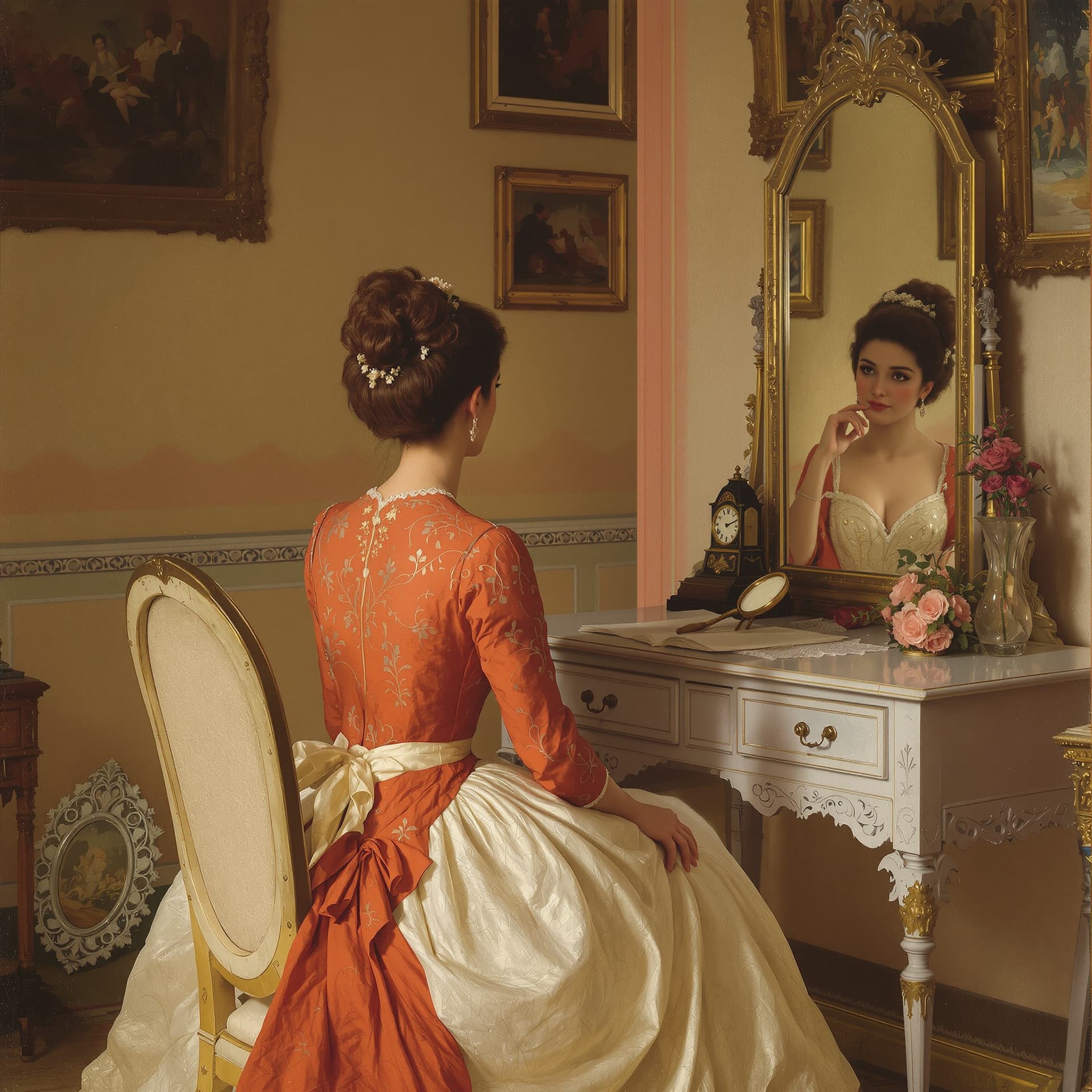AI generated: (Masterpiece), ((“Lady at Her Dressing Table” by Fernand Toussaint, 1900)), inspired by Fernand Tous...