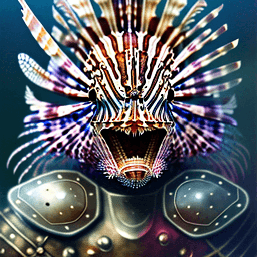 AI generated: lionfish face warrior, wearing medieval deep sea armor with diving helmet, large gauntlets, holding ...