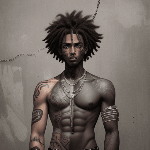 AI generated: Mixed media artwork + a beautiful dark tan skin man with a lighter complexion, brown eyes, black cur...