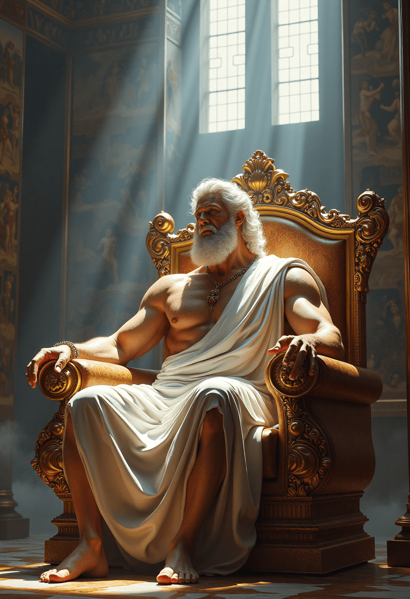 AI generated: Zeus, king of the gods, sits on his thrown of gold and crystal, surrounded by storm clouds and light...