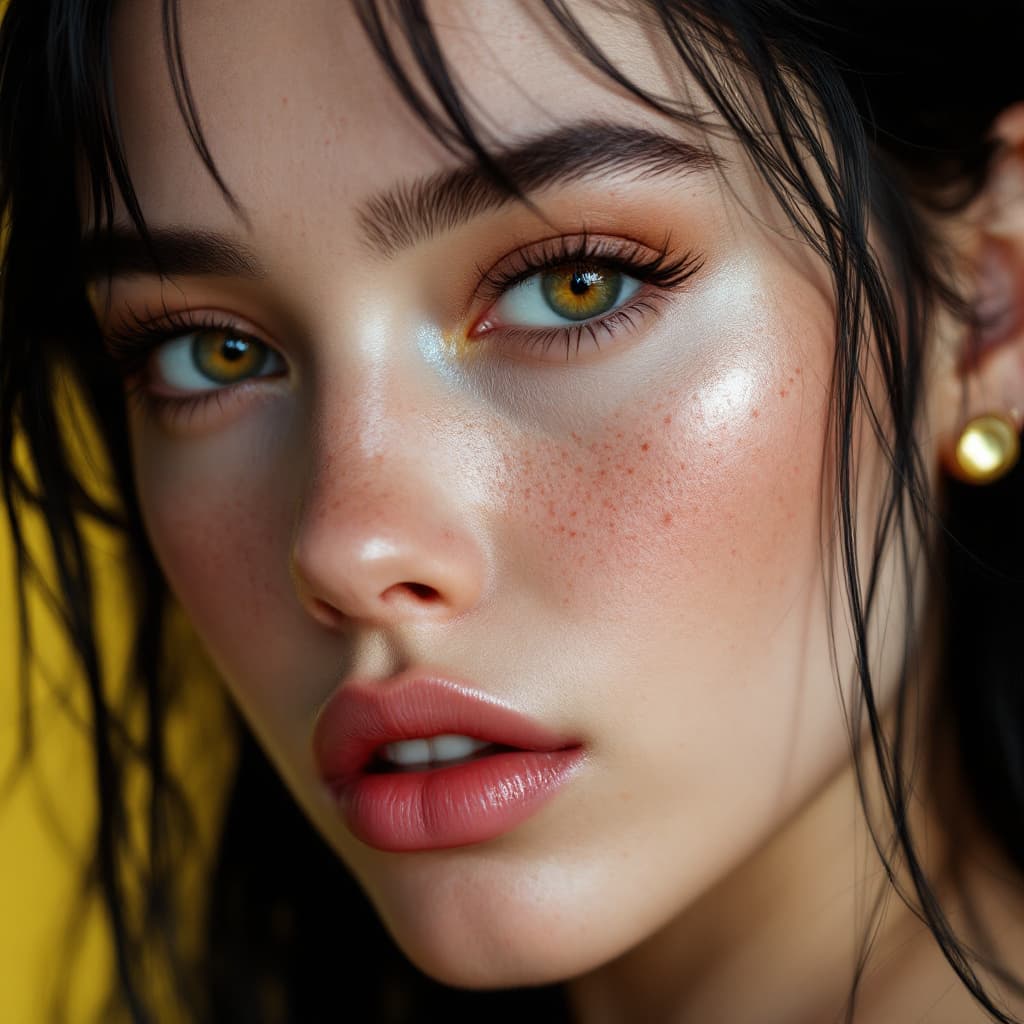 AI generated: Generate a hyper-realistic portrait of a beautiful white girl with neon black hair, light freckles, ...