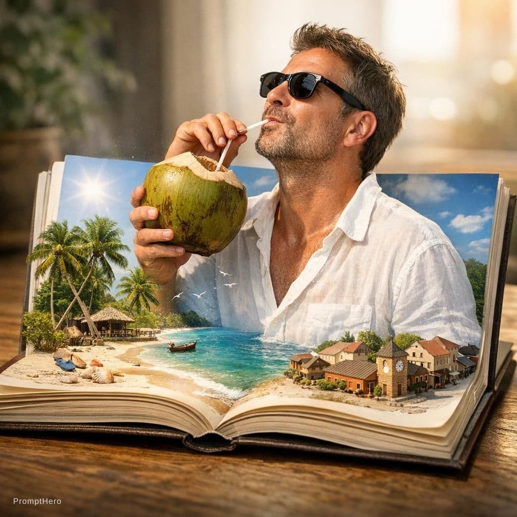 AI generated: Generate a hyper-realistic, image of a man drinking coconut water that pops out of town pages of a b...