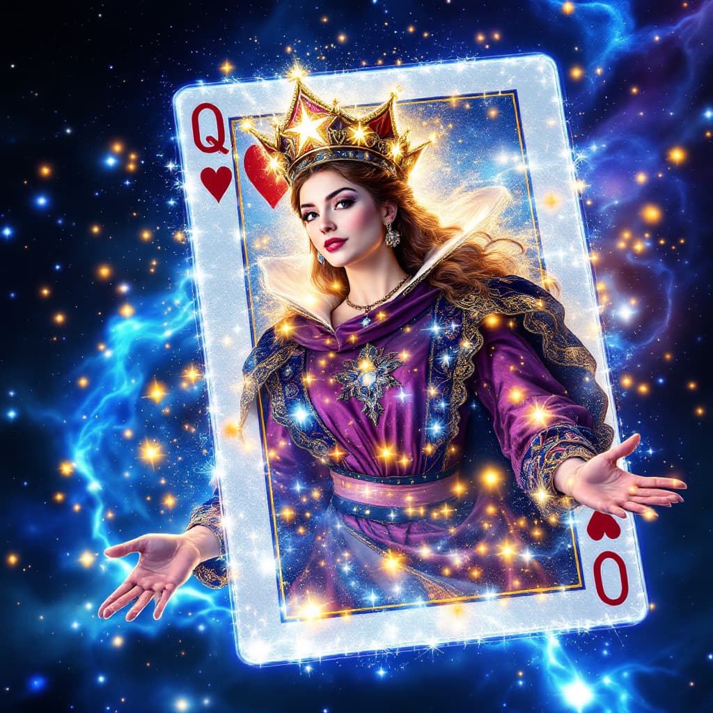AI generated: The Queen of Hearts card transforms into a 3D hologram that appears to be made of cosmic energy. As ...