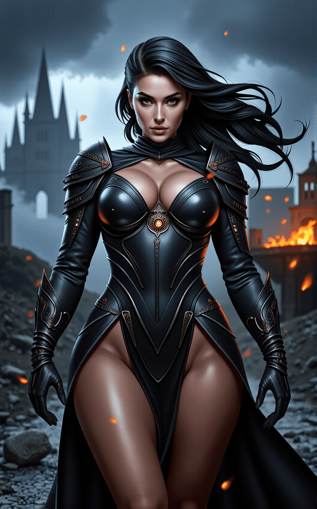 AI generated: This digital painting centers on a formidable supervillain woman with sharp, regal features, a tall ...