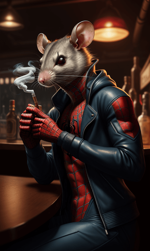 AI generated: A rat is smoking in a bar, hyperrealistic futuristic,wearing spiderman jacket, 8k, artstation