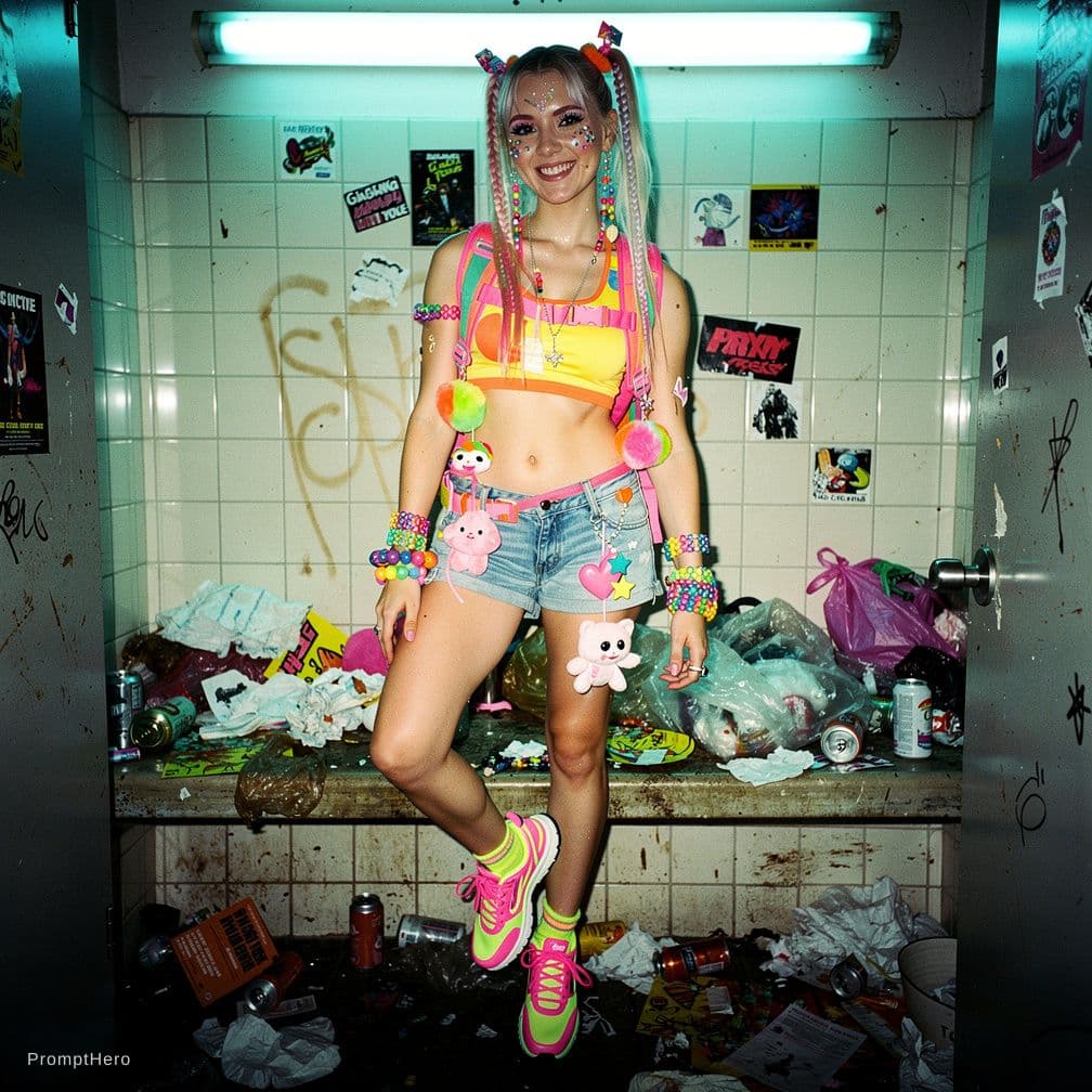 AI generated: cross-processed slide film vibe, one 19-year-old rail-thin waif-thin candy raver girl wearing bright...