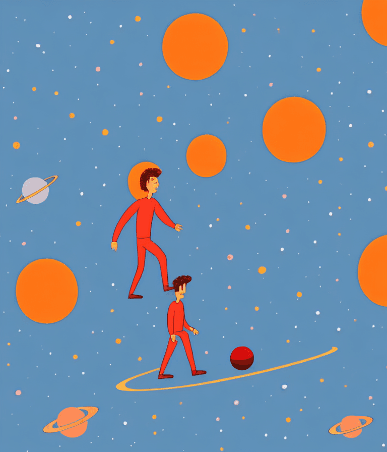 AI generated: giant walking on a small planet,  illustration style
