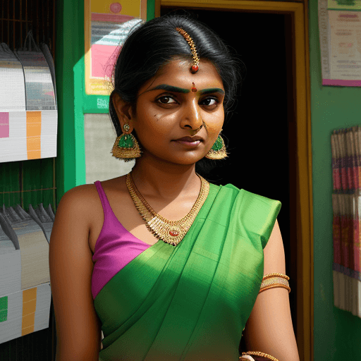 AI generated: a beautiful indian girl, age 25, background kerala lottery shop, girl with earring and bracelets, we...