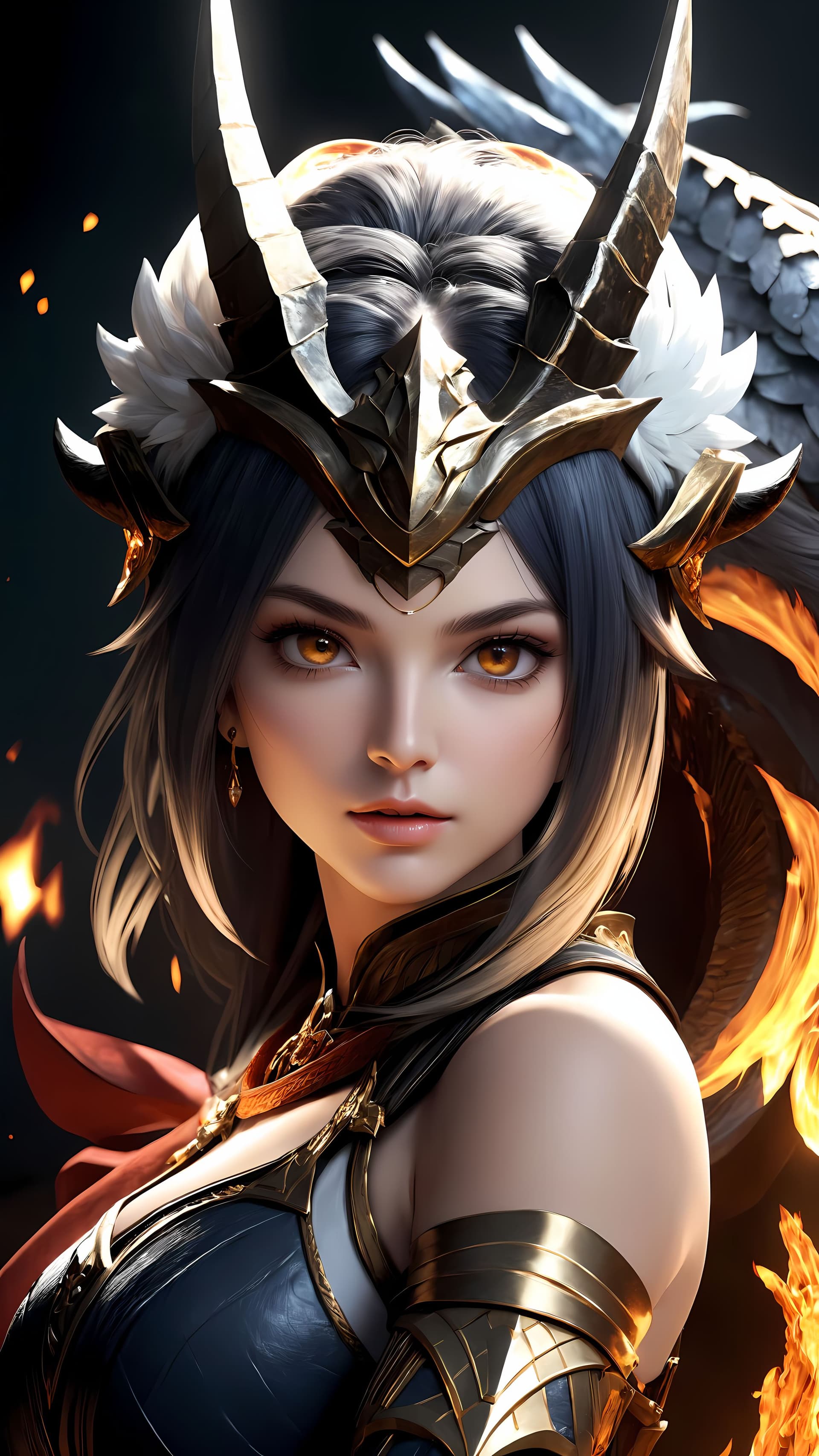 AI generated: Monster Hunter female, white and gold, Glowing eyes, luminosity of background, Whirlwind Flame, gran...