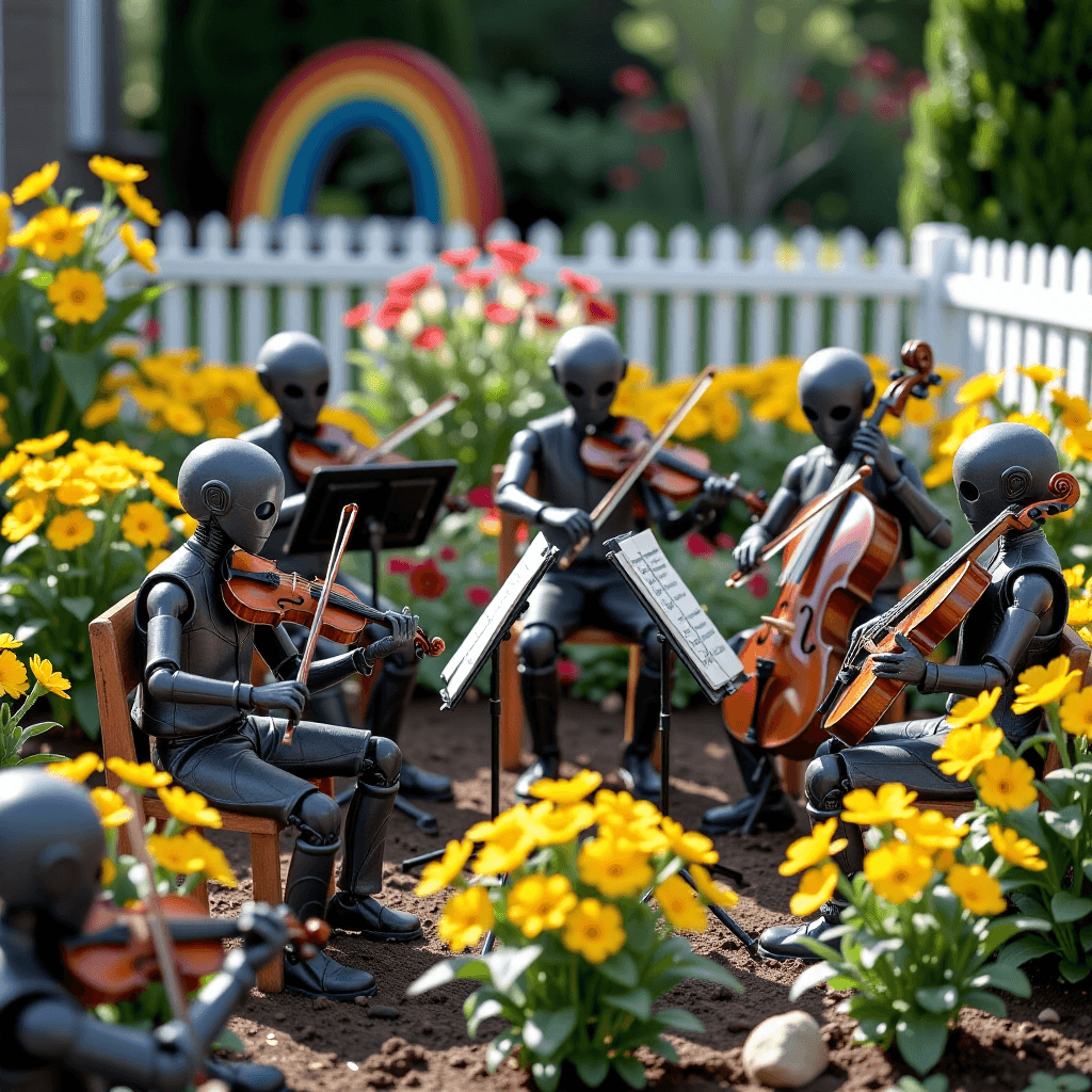 AI generated: "A symphony orchestra composed entirely of sentient garden tools attempting to play classical music....