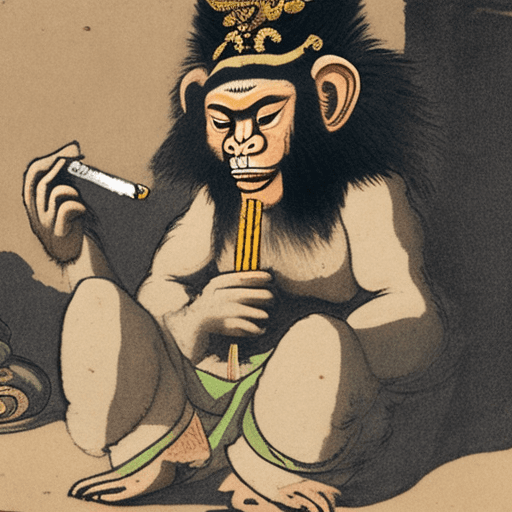 AI generated: chinese monkey king sitting down and smoking cigarrete, thinking about life in a studio, stressful p...