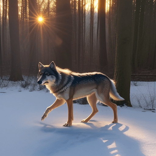 AI generated: ein junger wolf, verirrt im wald, sonnenaufgang, 
