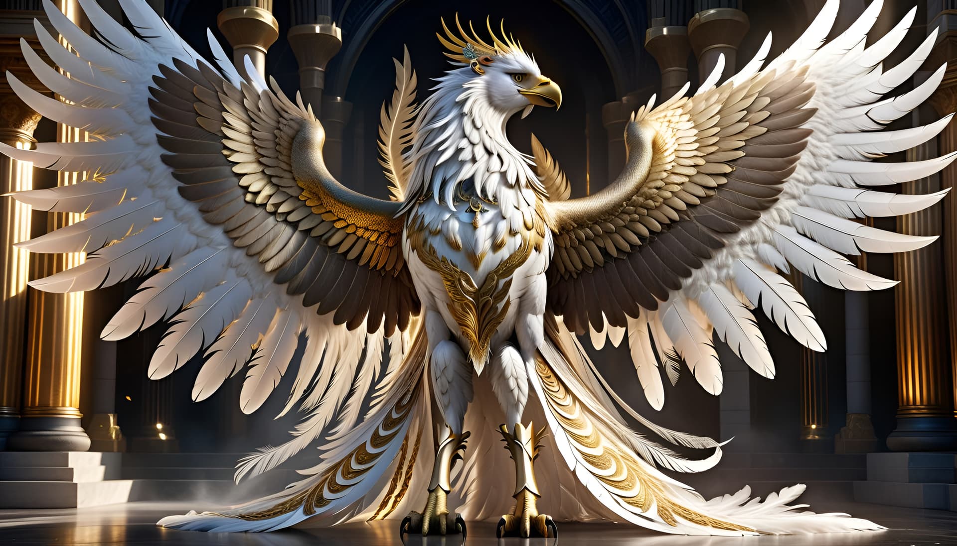 AI generated: "magnificent detailed griffin wings, wings outstretched with gold tips on feathers, intricate ornate...