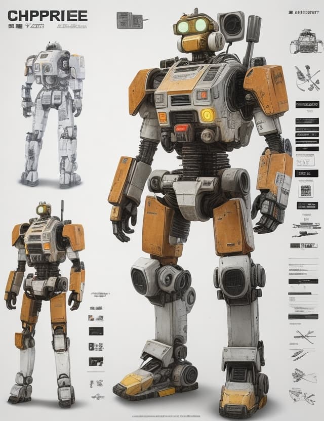 AI generated: a character of  Chappie , character sheet, white background --ar 3:2,character poses