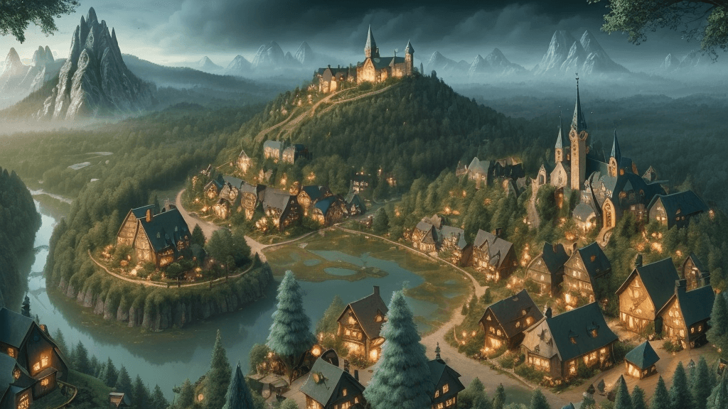 AI generated: a quaint little village nestled at the edge of a vast enchanted forest, 8k