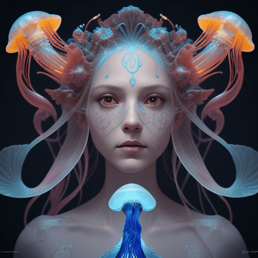 AI generated: Goddess close-up portrait ribcagel. jellyfish phoenix head, nautilus, orchid, skull, betta fish, bio...