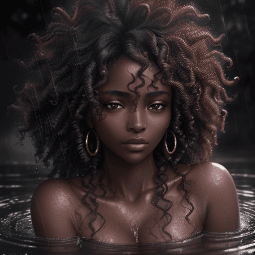 AI generated: An exquisite portrait of an African woman with fair skin and a realistic curly hair bathing in the p...