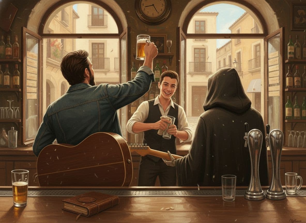 AI generated: Quiero que me des esta imagen girando la cámara 180º. Ambos personajes están en la misma posición pe...