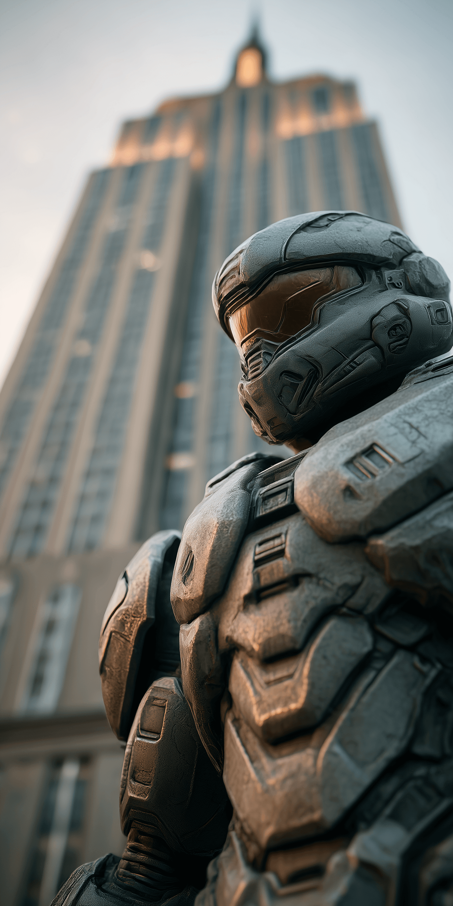 AI generated: Photograph of an armored mech standing in front of the Empire State Building, low-angle shot, cinema...