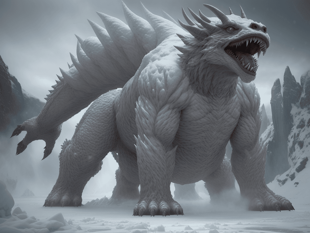 AI generated: an enormous snow monster is standing on the ice, in the style of epic fantasy scenes, manticore, exp...