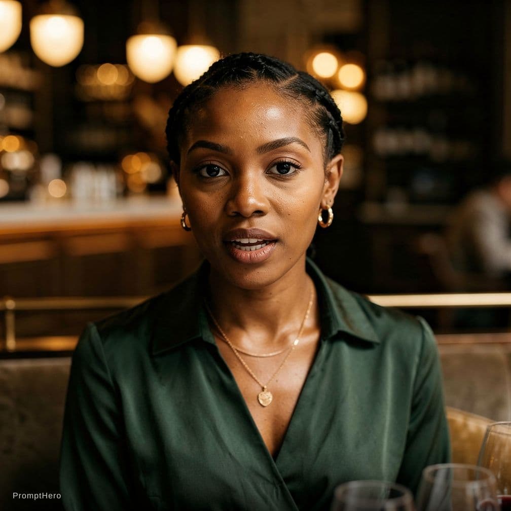 AI generated: Medium close-up of the woman from the front as she speaks. Restaurant background softly blurred with...