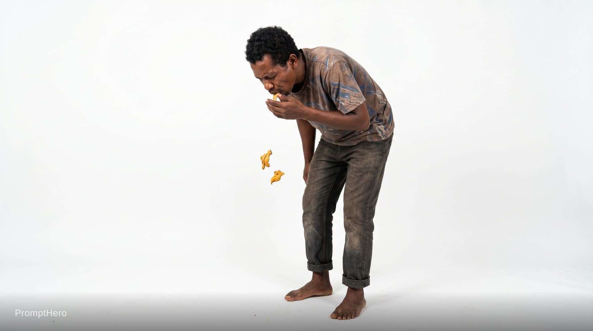 AI generated: Madagascar village man vomits two pieces of chicken skin, full body. white background fully.